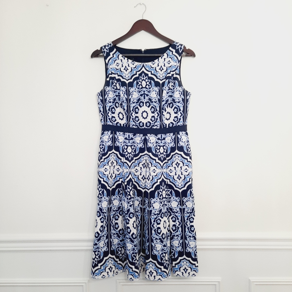 Talbots tile print textured cotton fit & flare dress 6